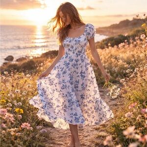 Sim & Sam Blue Toile Floral Smocked Midi Dress Cottagecore Milkmaid L